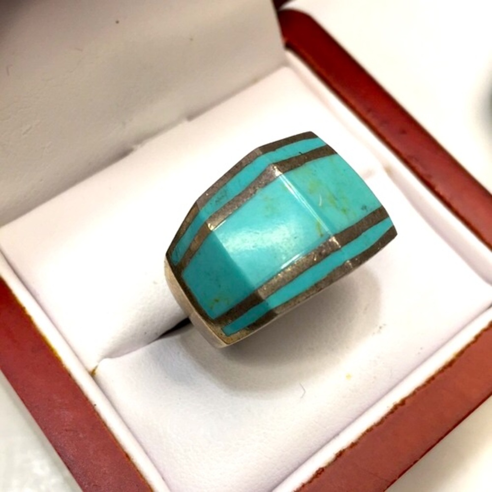 AUTHENTIC TURQUOISE GREEN /BLUE THICK RNG SIZE 7 STERLING SILVER HAND MADE(62)l